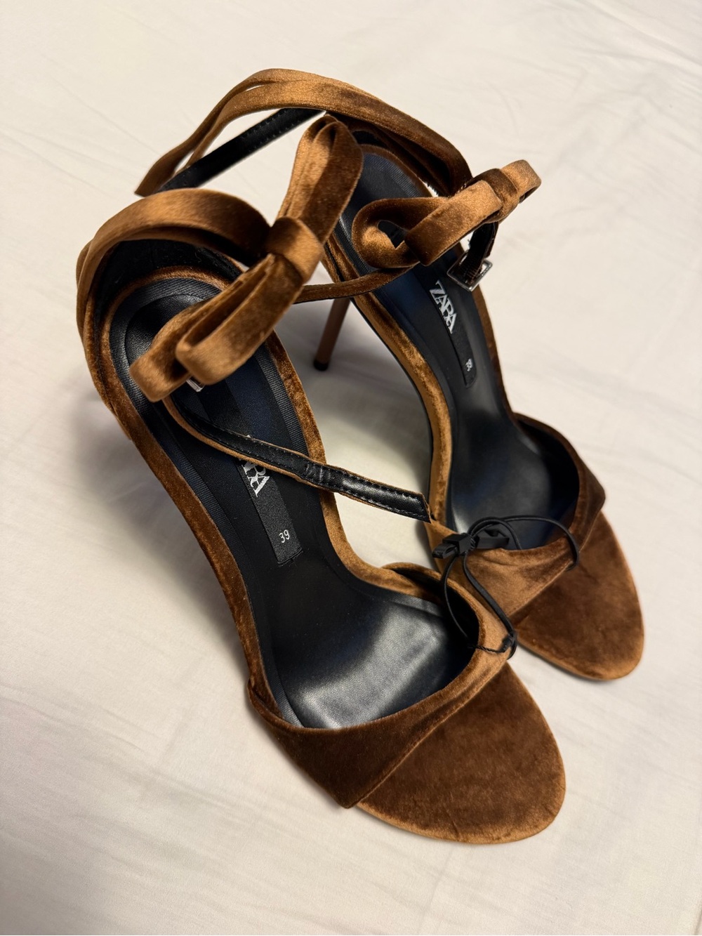 Zara Brown Velvet Strappy Heeled Sandals